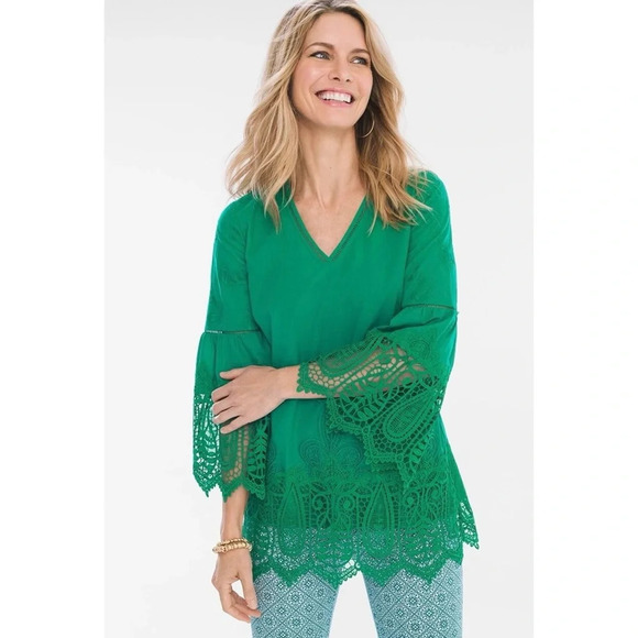 NWT Chico’s Lace-Trim Embroidery Crochet Bell Sleeves Boho Green Eyelet Novelty - Picture 1 of 11
